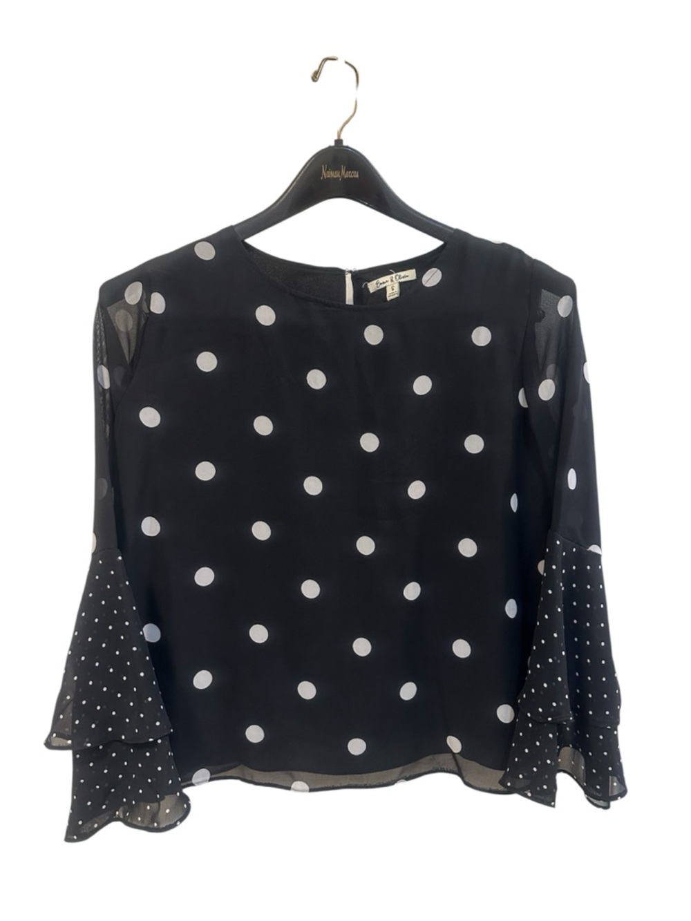 Emma & Olivia Mix Black Polka Dot Chiffon Bell Sleeve Blouse - Size Large - Picture 3 of 10